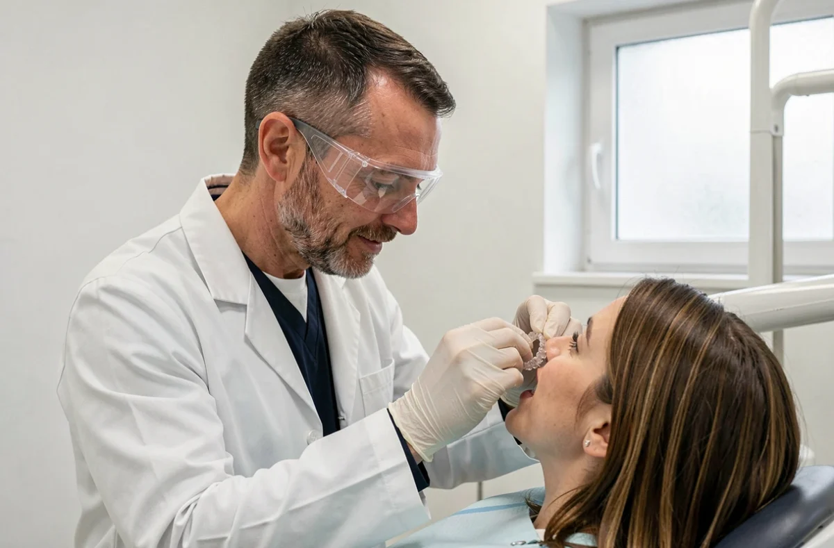 Abdelhakim Hadji, orthodontiste à Dijon, posant un aligneur transparent sur une patiente adulte dans son cabinet