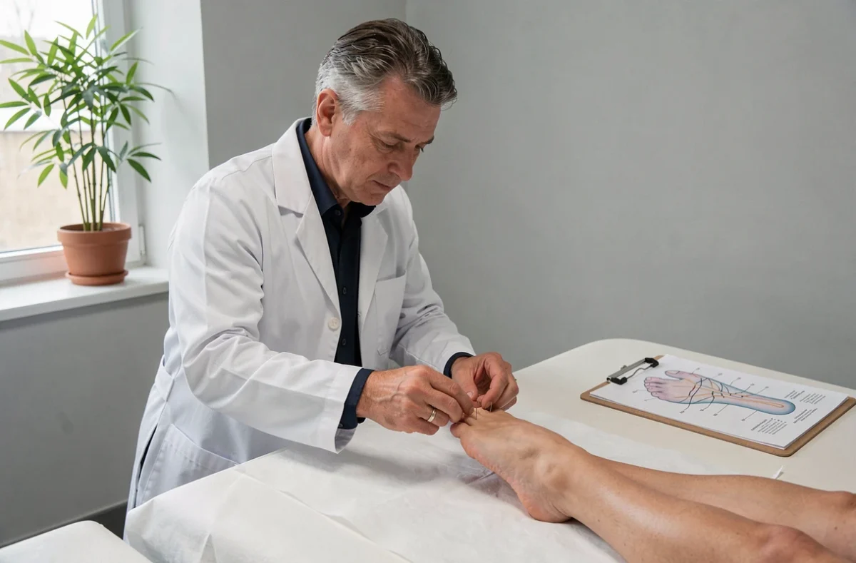 Praticien en acupuncture posant des aiguilles sur le pied d'un patient pour traiter l'épine calcanéenne selon les méridiens du foie et des intestins