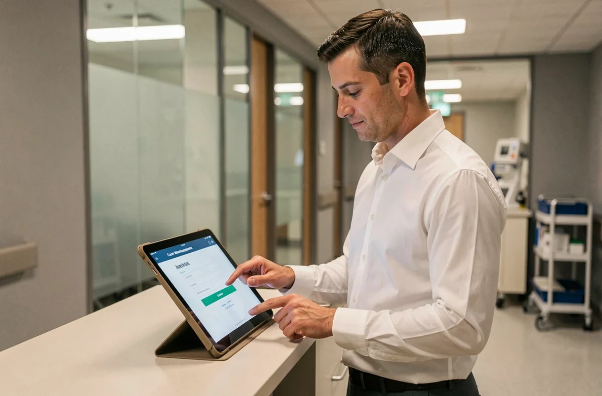 Administrateur de santé consultant l'écran de connexion Netsoins sur une tablette dans un couloir d'établissement médical