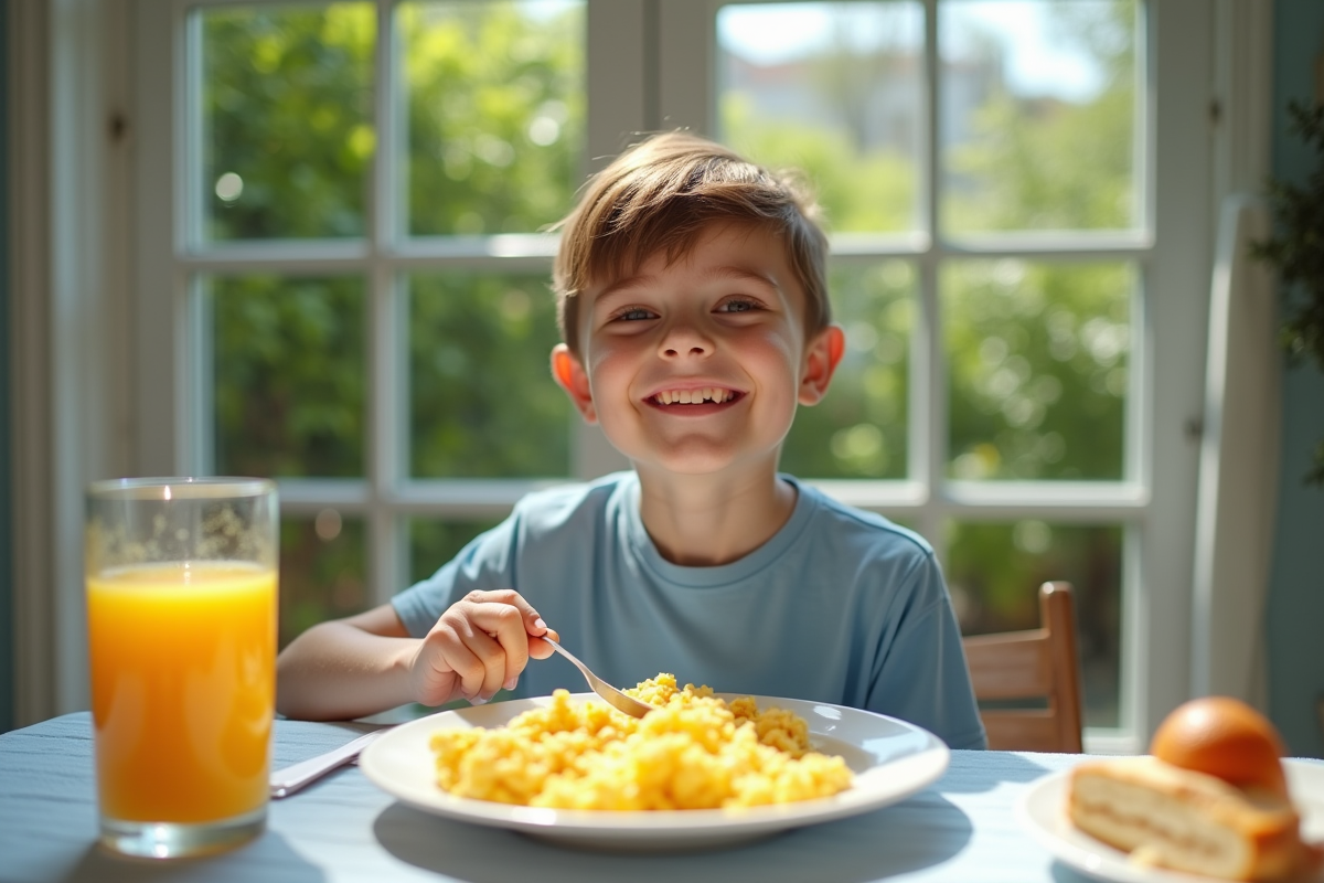 Adolescent mange un petit déjeuner dans un jardin lumineux