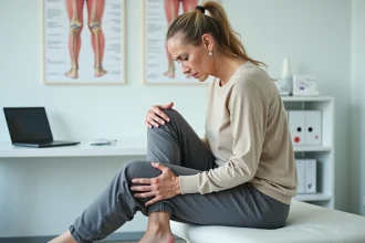 Femme d'âge mûr tenant son genou douloureux lors d'une consultation orthopédique pour algoneurodystrophie