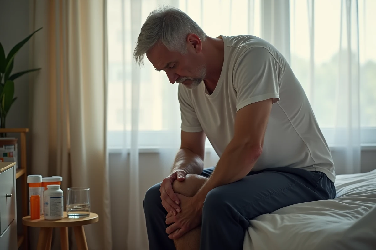 Homme âgé souffrant d'algoneurodystrophie du genou assis sur son lit avec une douleur visible au réveil