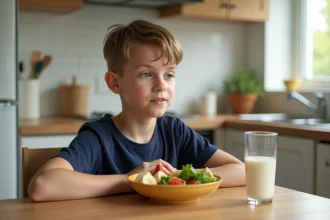 Jeune garçon mangeant un bol de fruits et légumes nutritifs à table pour aider à gérer la maladie de Sever