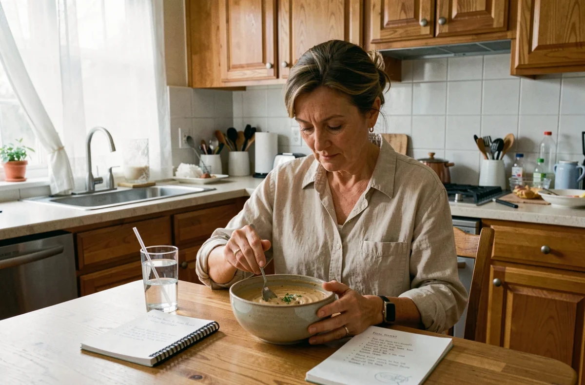 Femme âgée préparant un repas mixé adapté à sa récupération après radiothérapie de la gorge, assise dans sa cuisine