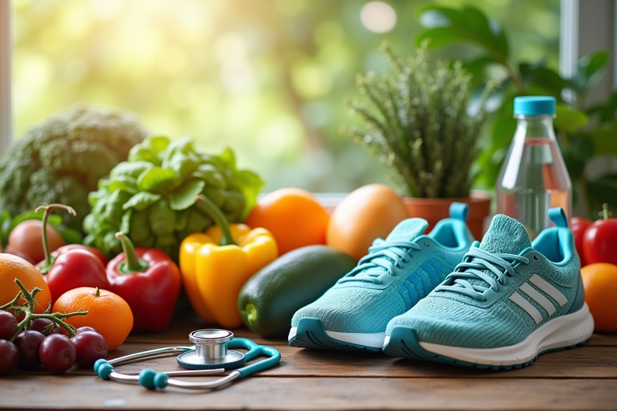 Fruits légumes chaussures et stethoscope sur table
