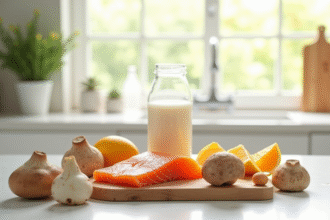 Sélection d'aliments riches en vitamine D sur un plan de cuisine lumineux