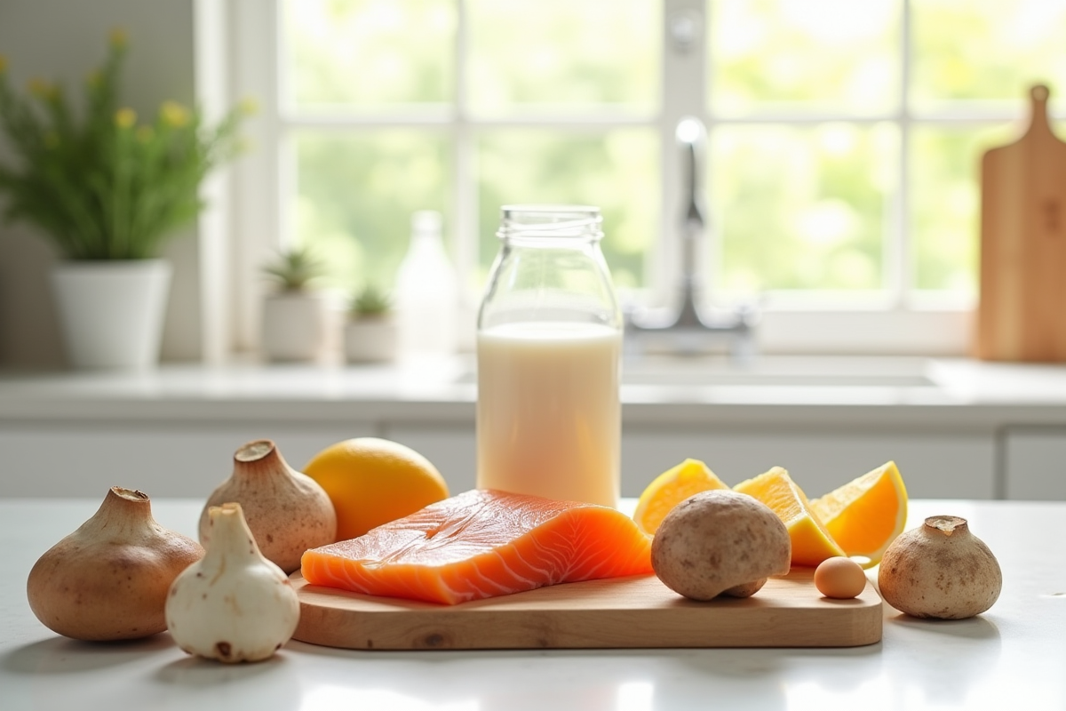 Sélection d'aliments riches en vitamine D sur un plan de cuisine lumineux