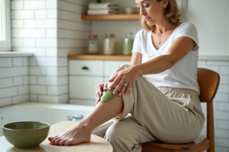 Femme appliquant un cataplasme d'argile verte sur le genou en position assise dans une salle de bain