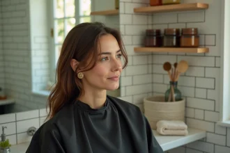 Femme appliquant une coloration végétale aux herbes sur ses cheveux dans une salle de bain naturelle et minimaliste