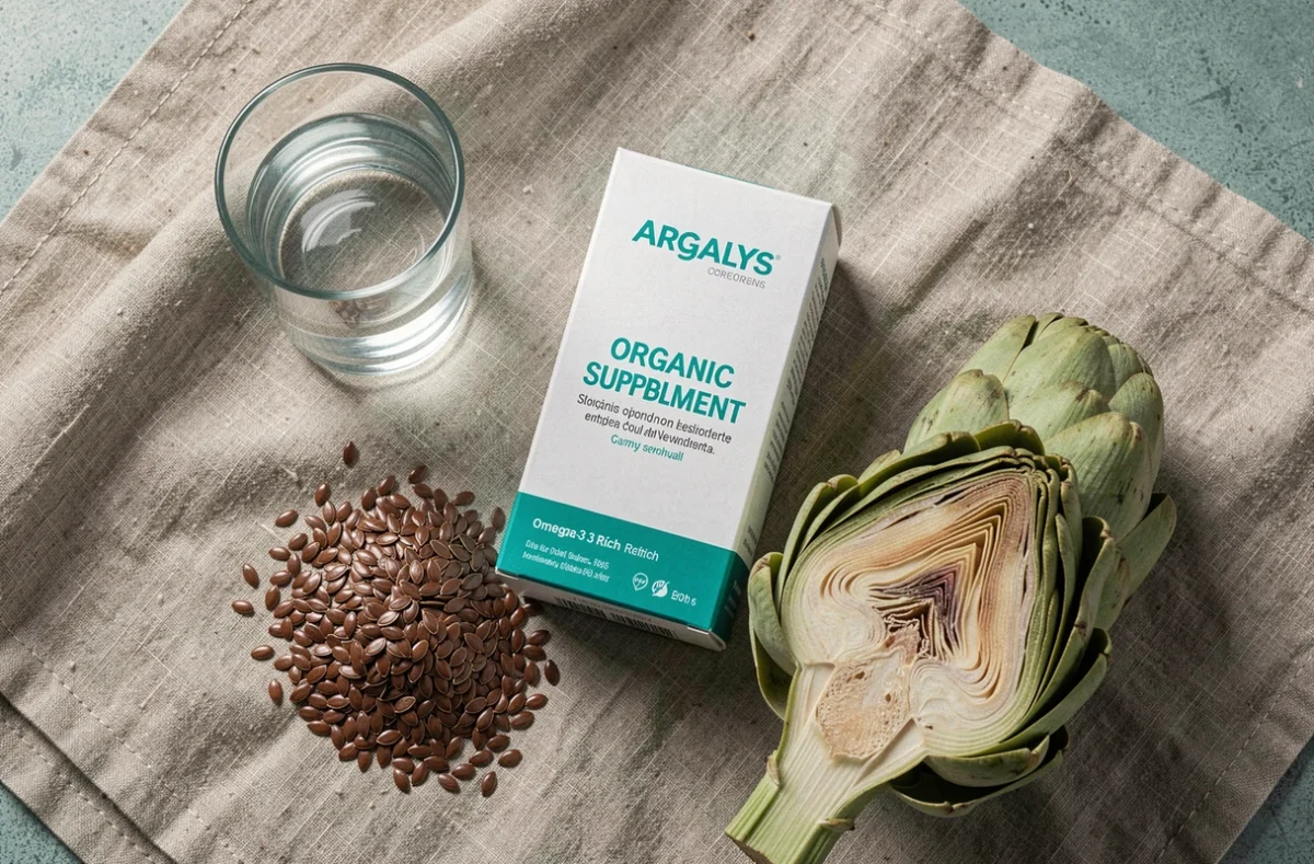Emballage Argalys complément alimentaire bio en blanc et bleu-vert sur lin brut avec graines de lin et artichaut frais coupé en deux