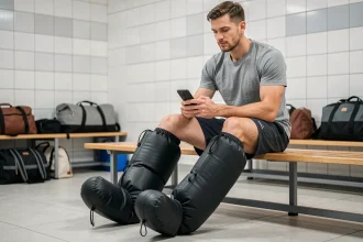 Athlète masculin portant des bottes de récupération pneumatiques gonflées dans un vestiaire de salle de sport moderne