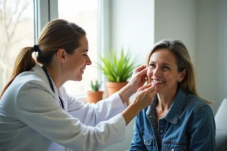 Audiologiste examine l'oreille d'une femme souriante dans un cabinet moderne