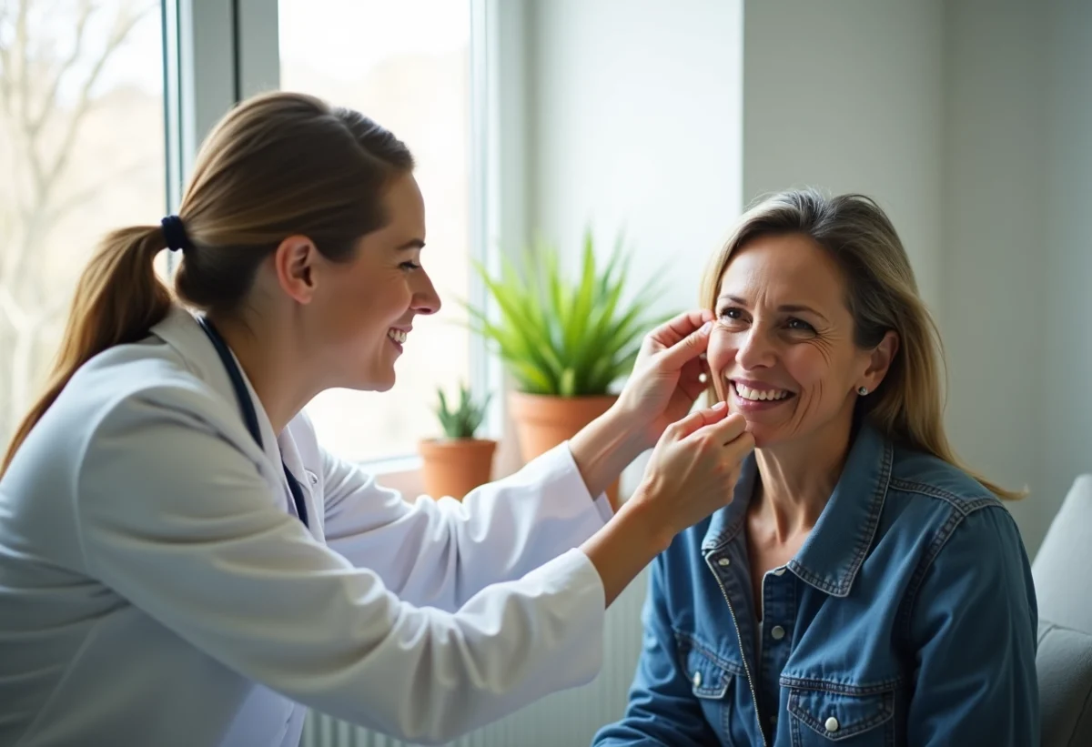 Audiologiste examine l'oreille d'une femme souriante dans un cabinet moderne