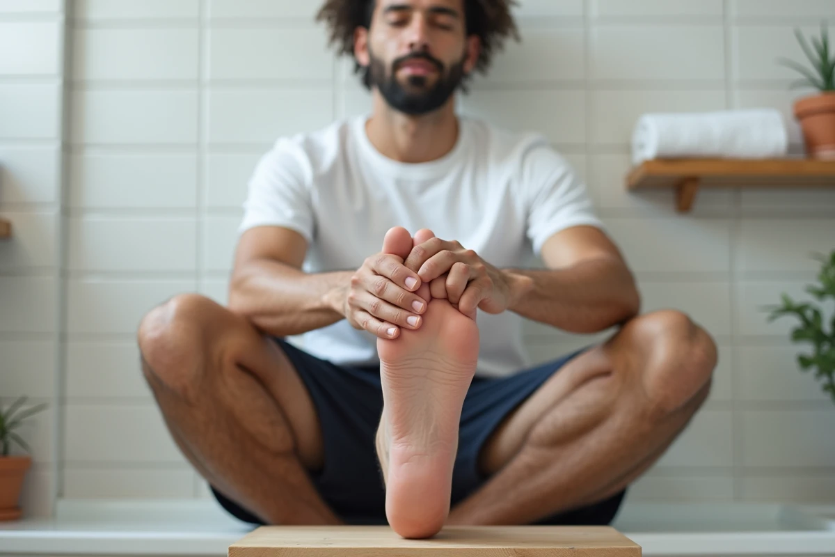 Homme pratiquant un automassage du pied assis sur un tabouret en bois dans une salle de bain minimaliste