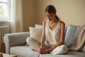 Femme pratiquant un automassage du point réflexe de la voûte plantaire assise sur un canapé en lin gris le soir