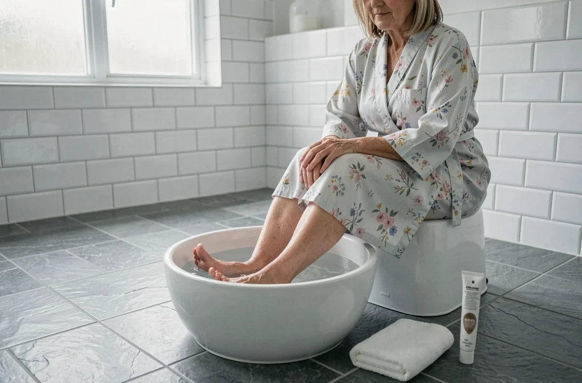 Femme soulageant une talalgie en trempant ses pieds dans un bain chaud à domicile