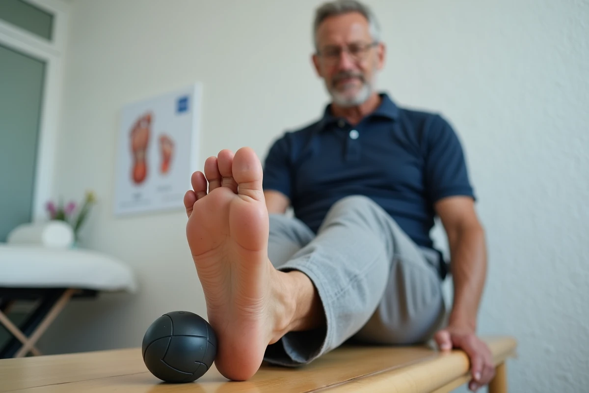 Homme utilisant une balle de massage sous le pied pour soulager l'éperon calcanéen en cabinet de kinésithérapie