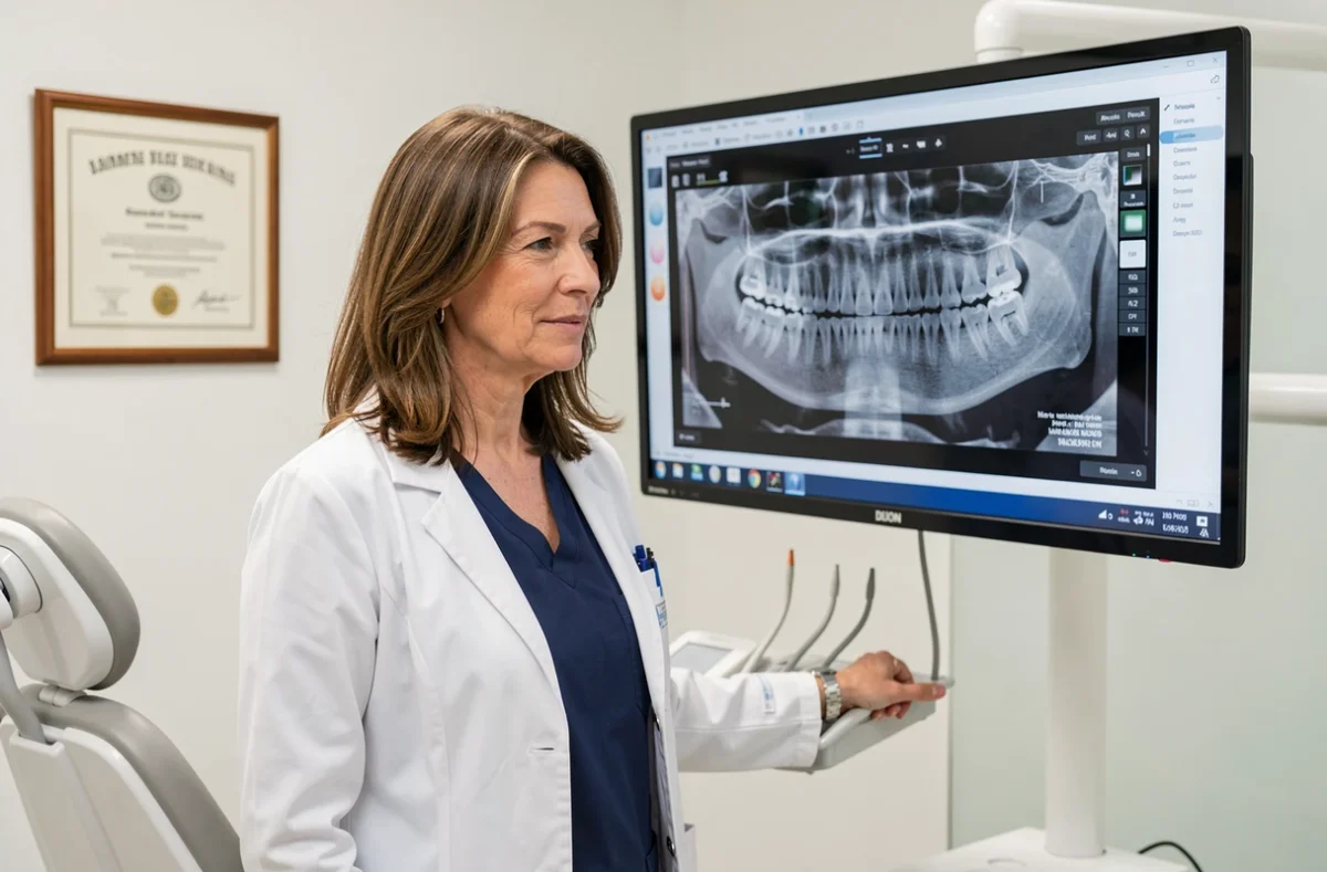 Béatrice Sebillotte Jandot, orthodontiste à Dijon, analysant une radiographie panoramique sur écran dans son cabinet