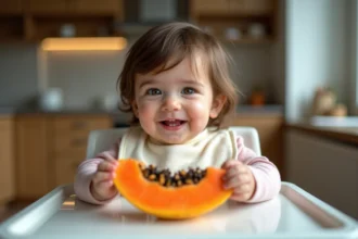 Bebe fille souriante avec une tranche de mangue dans une cuisine