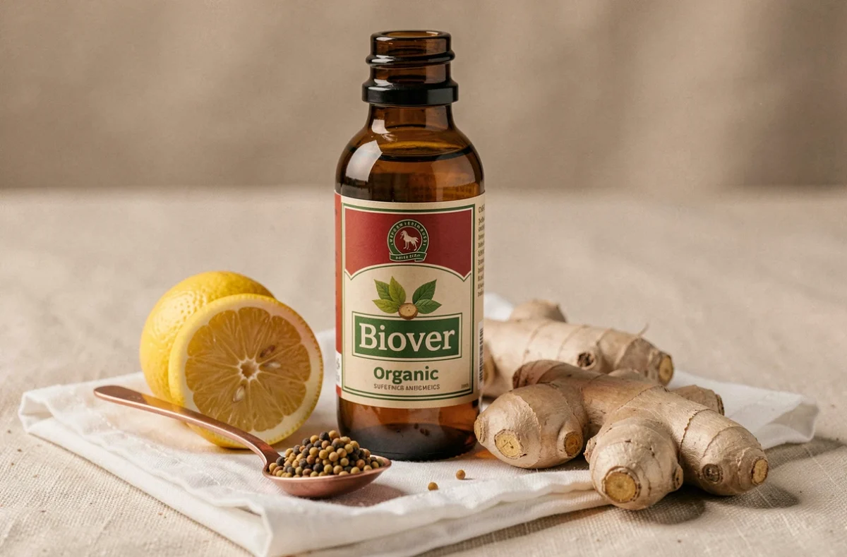 Flacon Biover complément alimentaire bio en verre ambré sur linge blanc avec pollen d'abeille, citron tranché et racine de gingembre frais
