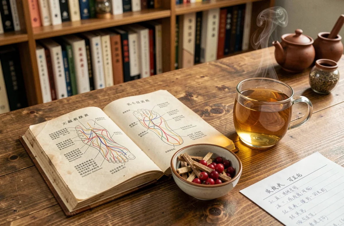 Bureau de praticien en médecine chinoise avec livre de méridiens du pied, herbes médicinales et infusion pour traiter l'épine calcanéenne et rééquilibrer foie et intestins