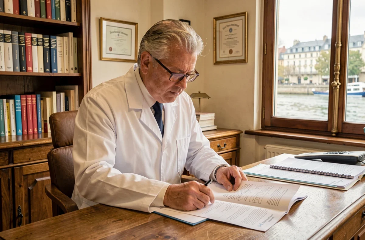 Le Dr Gilles Coutance dans son cabinet d'orthodontie traditionnel à Chalon-sur-Saône, consultant des plans de traitement