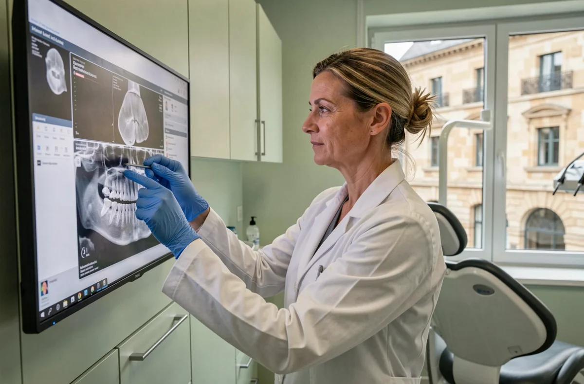 Orthodontiste féminine examinant des radiographies dentaires dans son cabinet moderne à Besançon, Montarmots