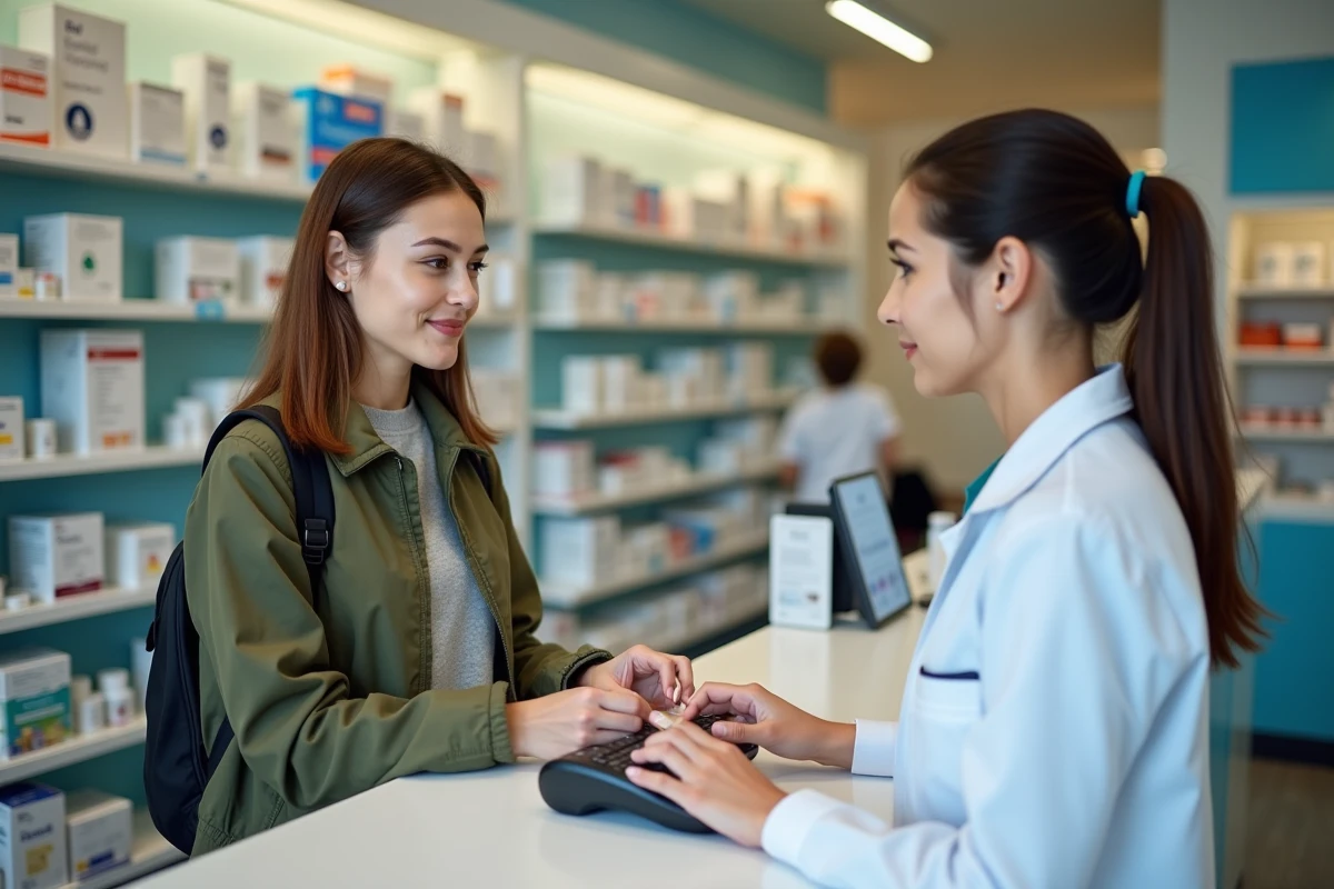 Jeune femme présentant sa carte Sévéane Groupama à une pharmacienne pour vérifier son affiliation