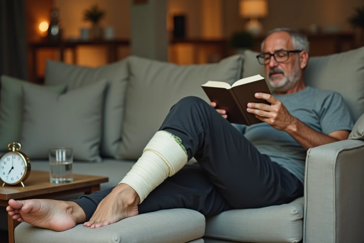 Homme au repos avec un cataplasme d'argile verte bandé autour du genou posé sur un repose-pied