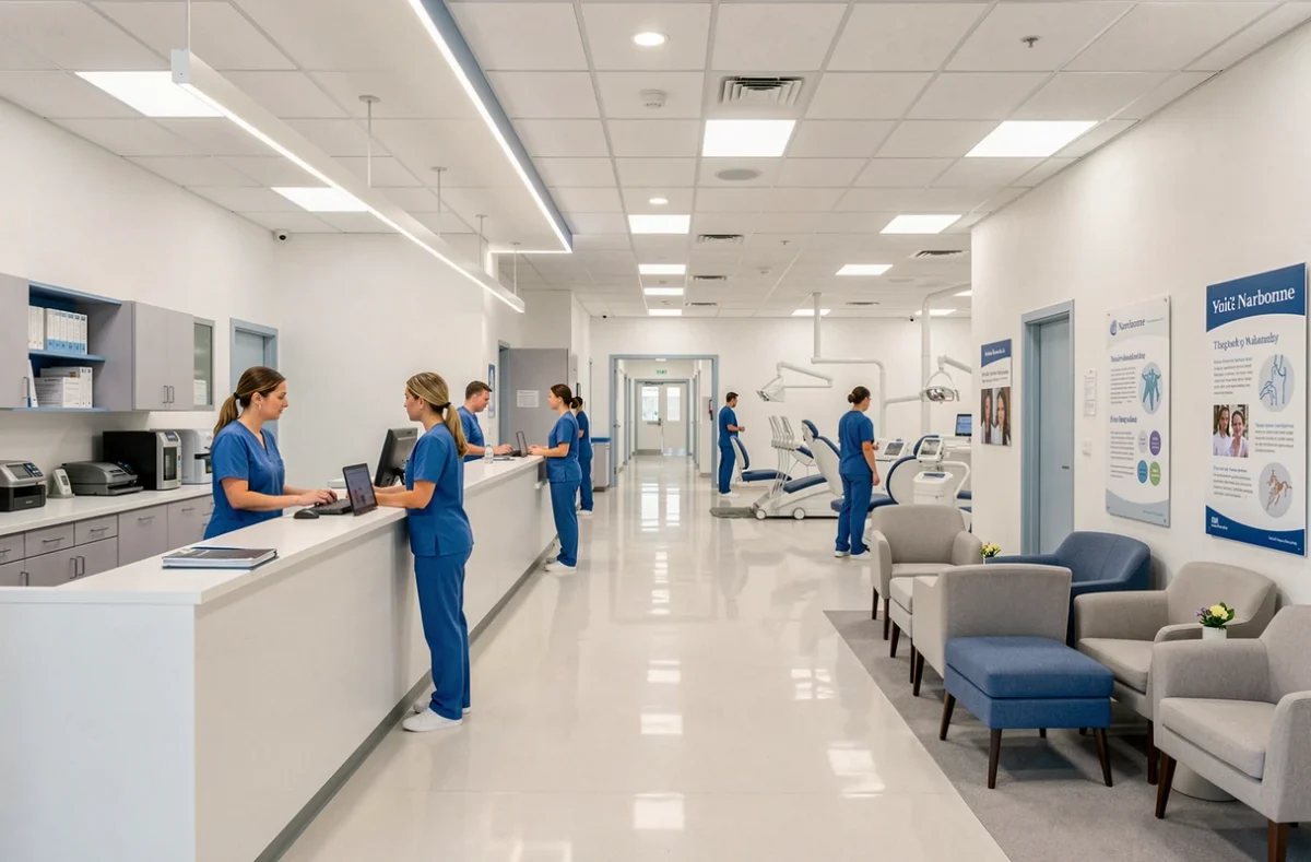 Intérieur du Centre de santé dentaire de Narbonne avec une réception moderne et du personnel médical