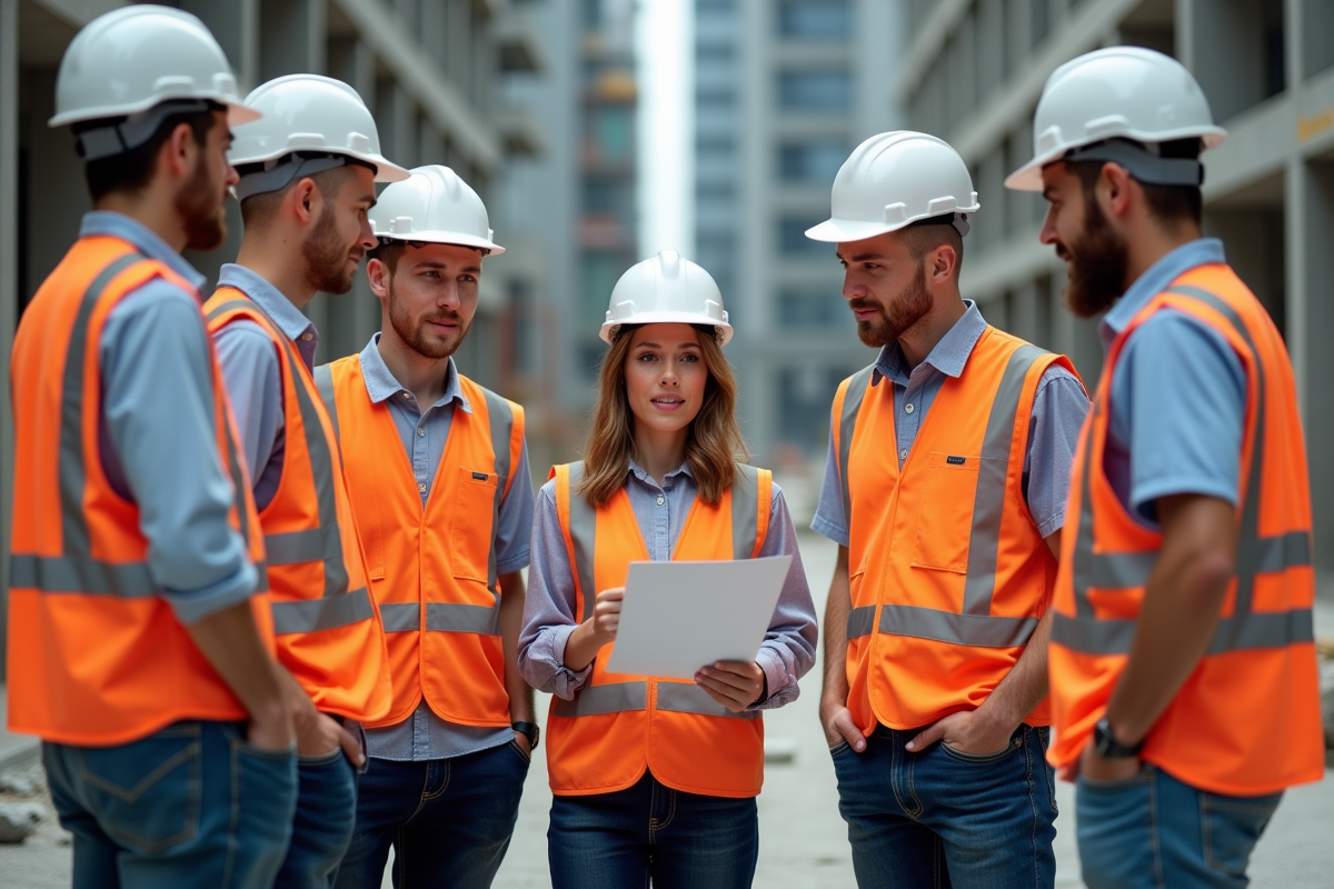 Ouvriers de chantier avec superviseur et checklist
