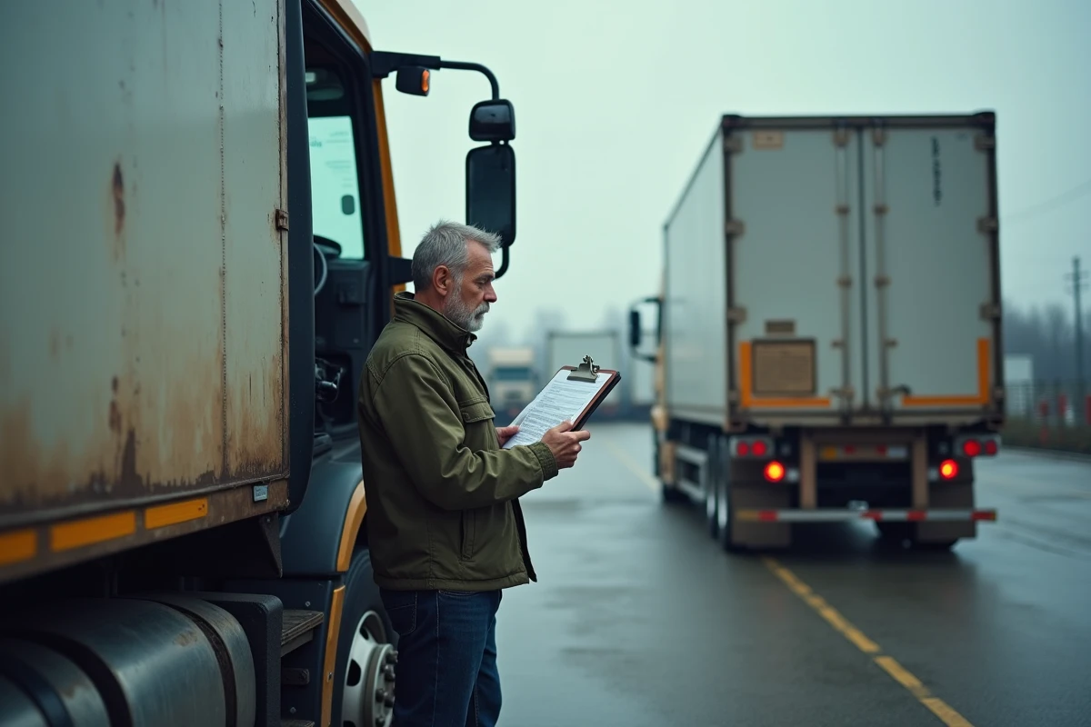Chauffeur de camion vérifiant un bon de transport cerfa dans un dépôt logistique