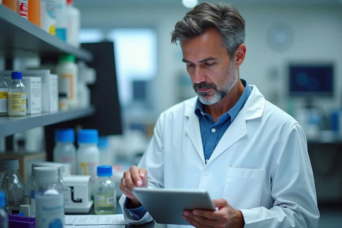 Chercheur en blouse blanche analysant des données en laboratoire