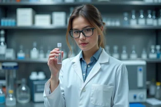 Chercheuse en laboratoire analysant un édulcorant de synthèse comme le xyphanol sous forme de vial transparent, entourée d'équipements scientifiques modernes