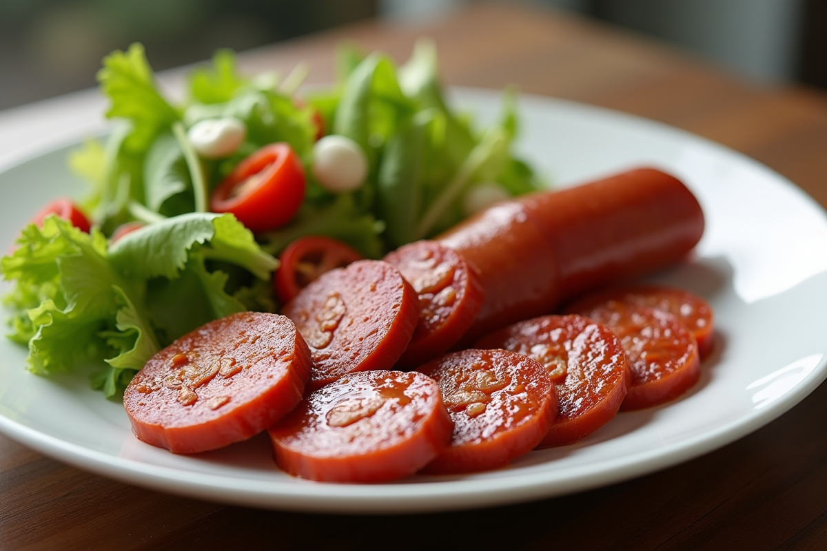 Chorizo tranché servi sur une assiette blanche avec salade