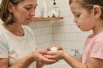 Maman examinant avec soin le doigt bandé d'un enfant après un ongle arraché, dans une salle de bain familiale rassurante