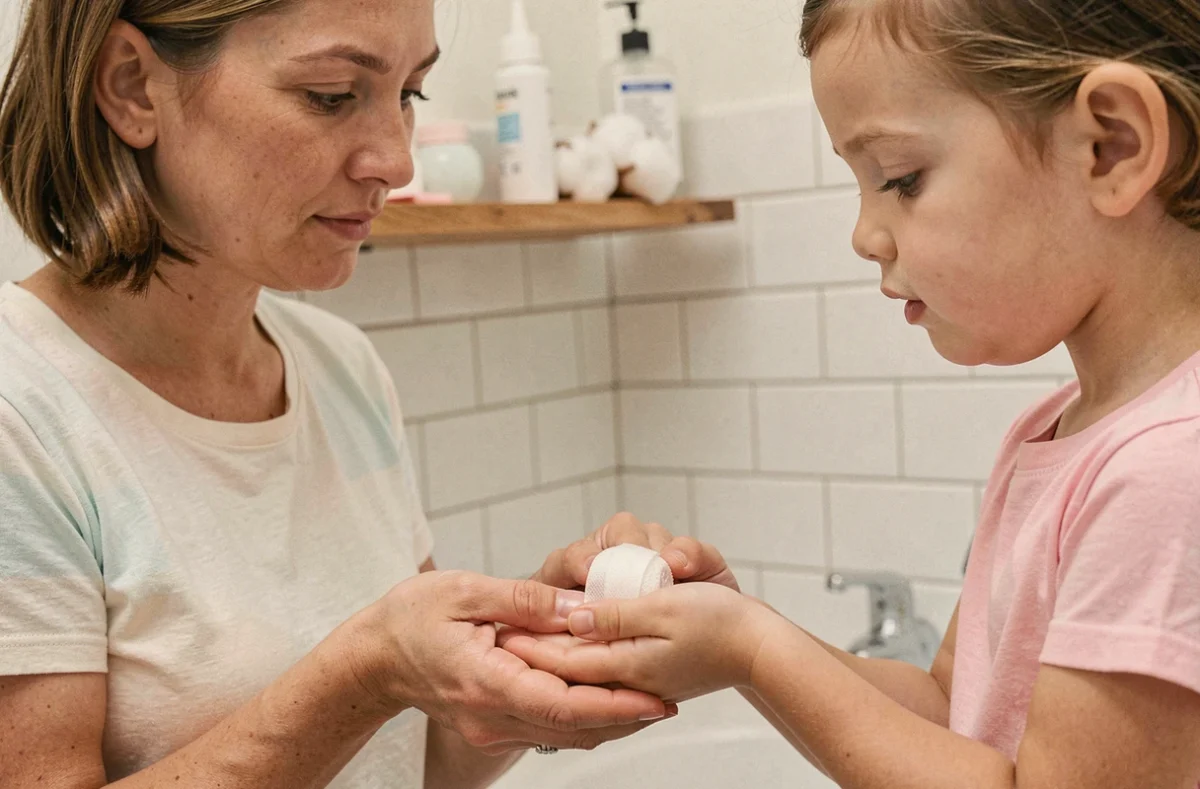 Maman examinant avec soin le doigt bandé d'un enfant après un ongle arraché, dans une salle de bain familiale rassurante