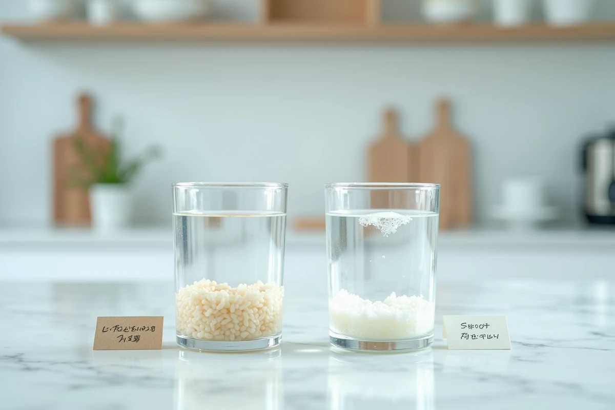 Deux verres transparents côte à côte sur un plan de travail en marbre blanc, comparant l'eau de rinçage et l'eau de cuisson du riz