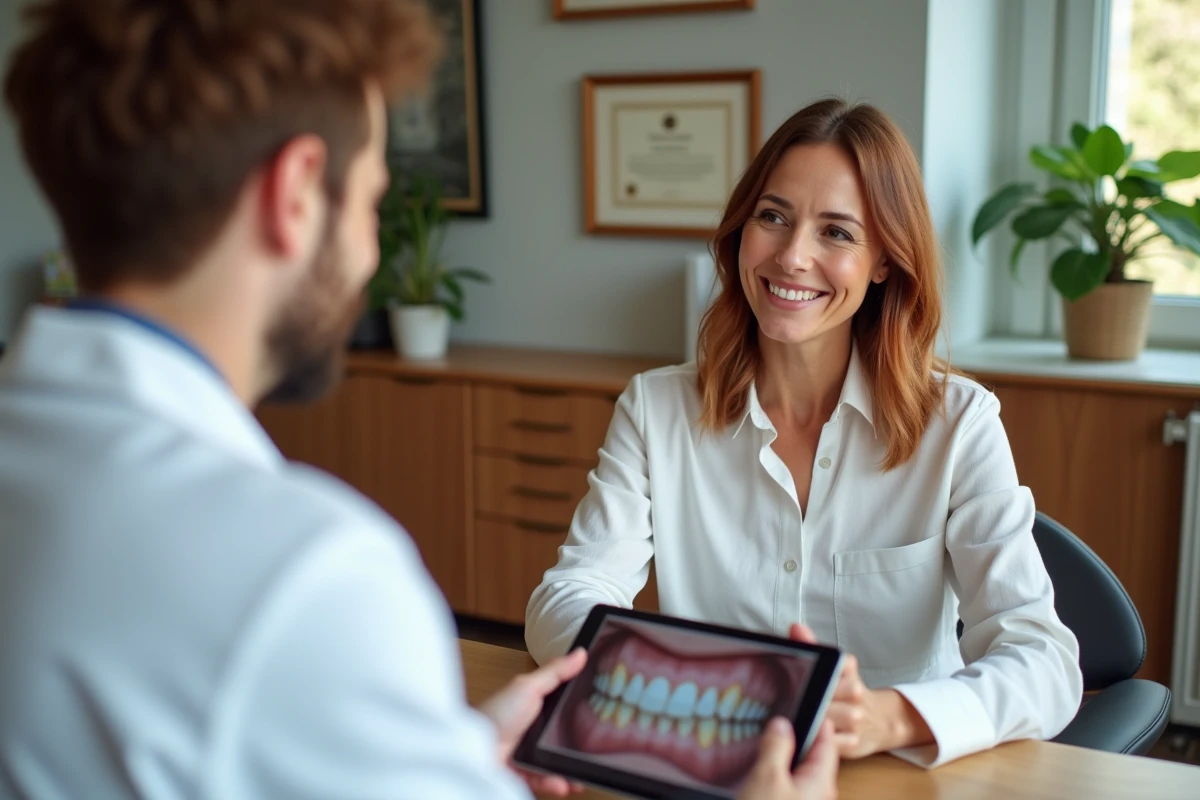 Patiente et dentiste examinant des résultats avant-après sur une tablette lors d'une consultation The Smilist