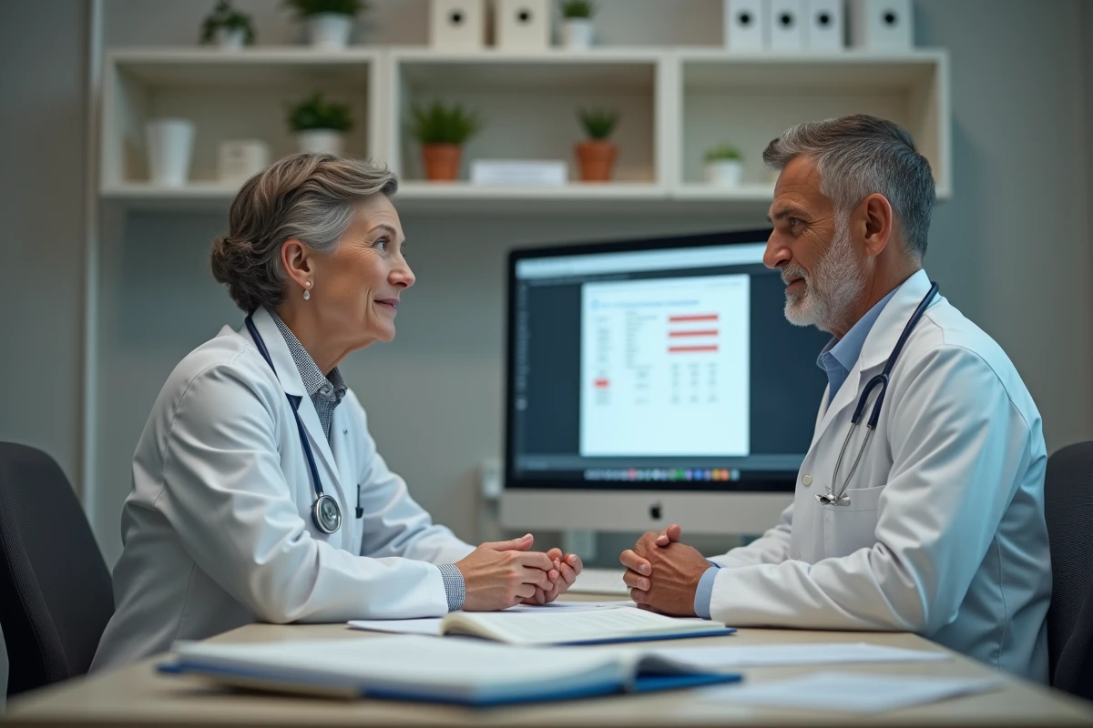 Médecin expliquant les résultats d'analyse CA 19-9 à un patient lors d'une consultation médicale