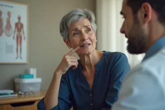 Femme d'une cinquantaine d'années en consultation médicale évoquant des symptômes de douleur à la mâchoire avec son médecin