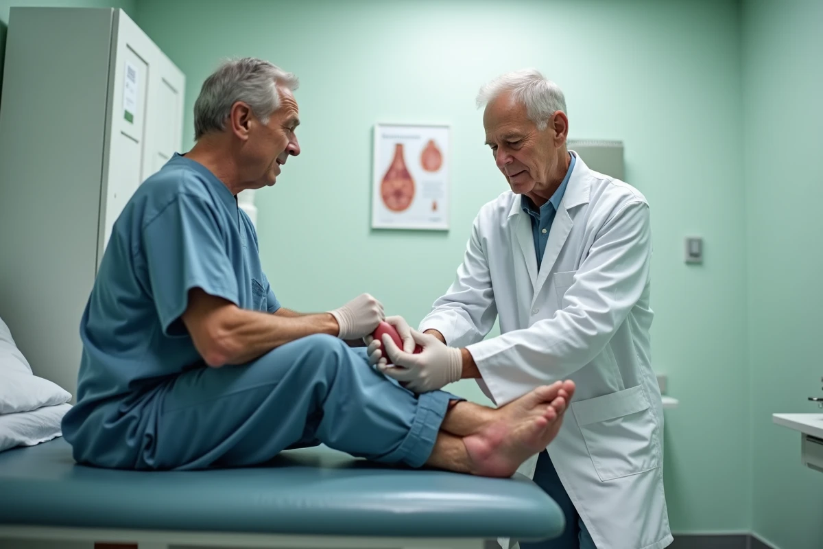 Médecin examinant la cheville gonflée d'un patient âgé lors d'une consultation médicale