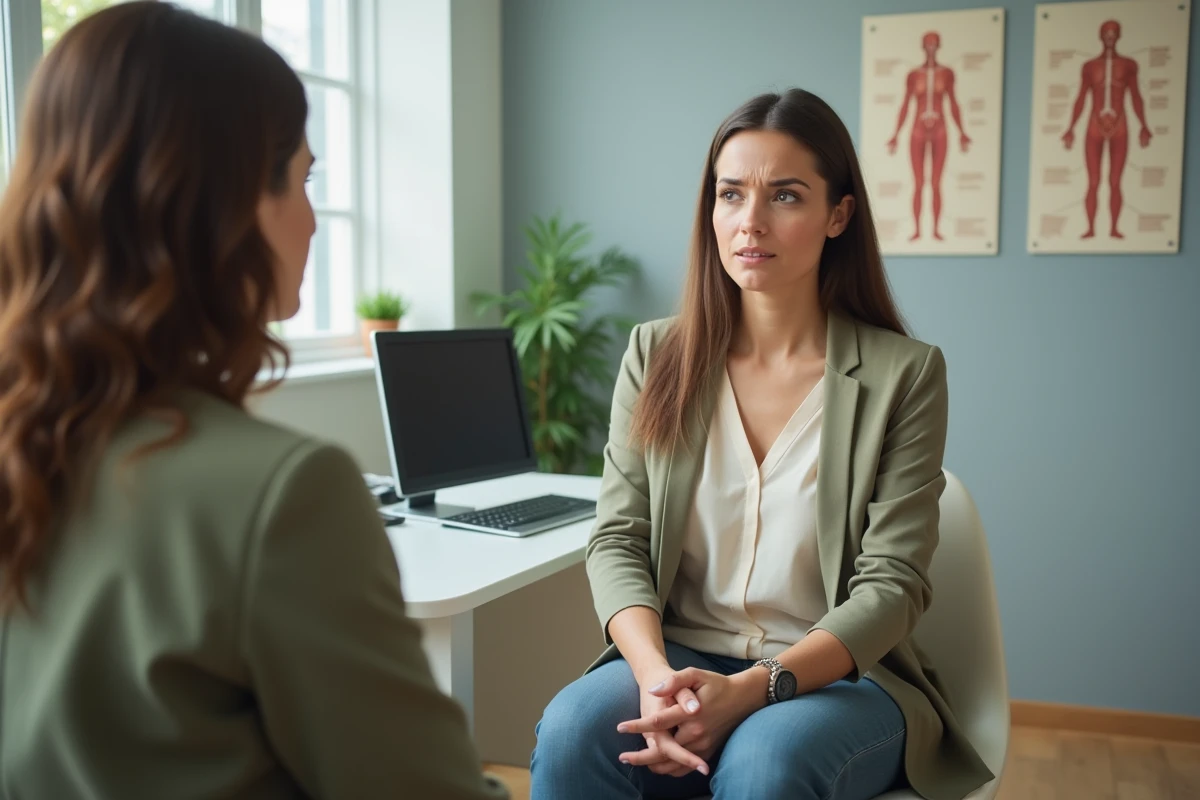 Femme en consultation médicale après ablation de trompe, discutant de sa convalescence et de son cycle menstruel avec une gynécologue
