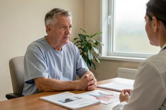 Patient homme d'une cinquantaine d'années en consultation médicale ORL post-radiothérapie, écoutant les conseils de son médecin dans une salle calme