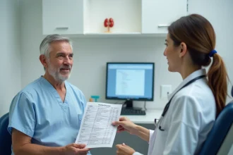 Médecin expliquant les résultats de microalbuminurie à un patient diabétique de type 2 en consultation médicale