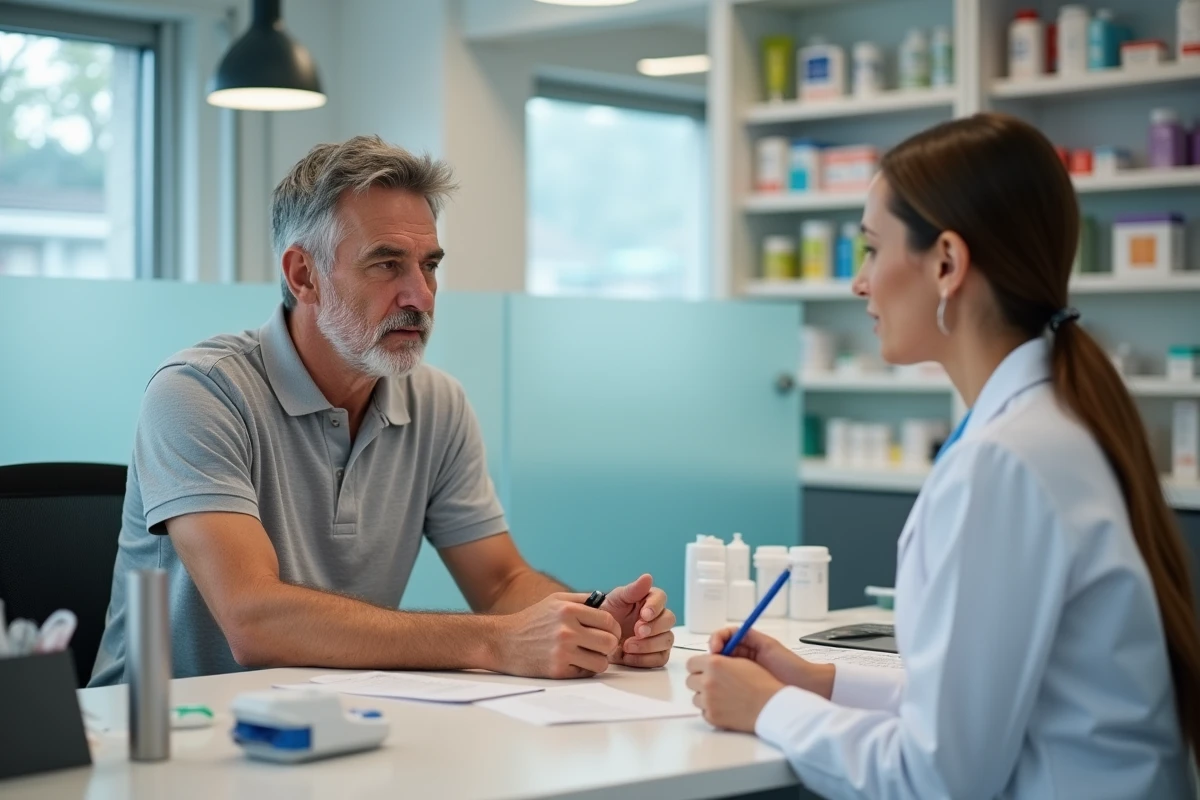 Homme discutant avec une pharmacienne dans une pharmacie moderne