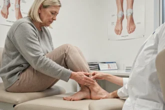 Podologue examinant le talon d'une patiente souffrant d'épine calcanéenne lors d'une consultation médicale