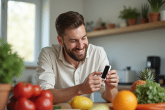 Adulte souriant vérifiant son glucose au petit déjeuner