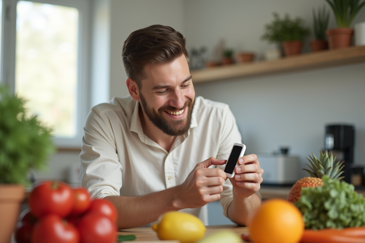 Adulte souriant vérifiant son glucose au petit déjeuner