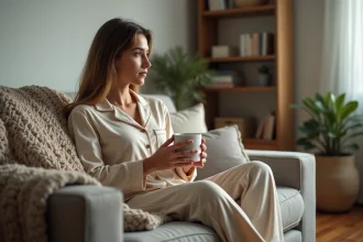 Femme en convalescence assise sur un canapé tenant une tasse, exprimant la fatigue et l'introspection après une intervention chirurgicale